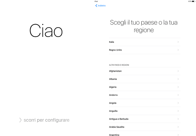 Scorrere per configurare, lingua e paese