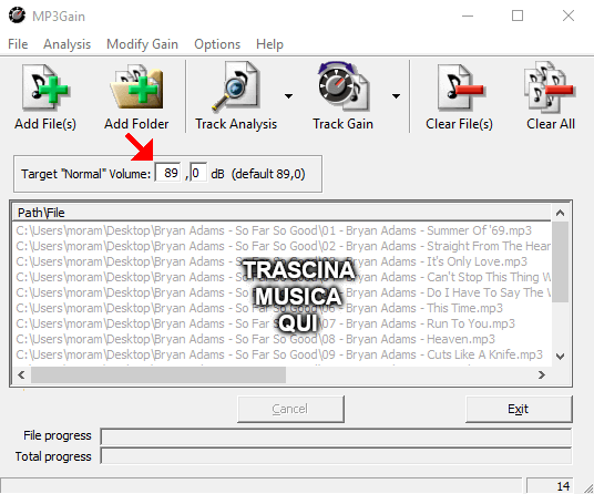 grafica di MP3Gain per normalizzare audio degli mp3
