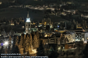 Winter in Cortina d'Ampezzo by night, tilt shift.