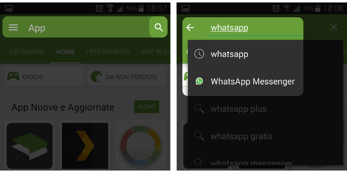 cercare whatsapp nella barra