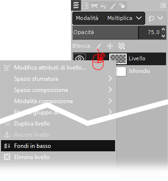 Fondi in basso modalità moltiplica 75% con Gimp