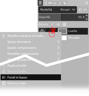 Fondi in basso modalità ricopri 50% con Gimp