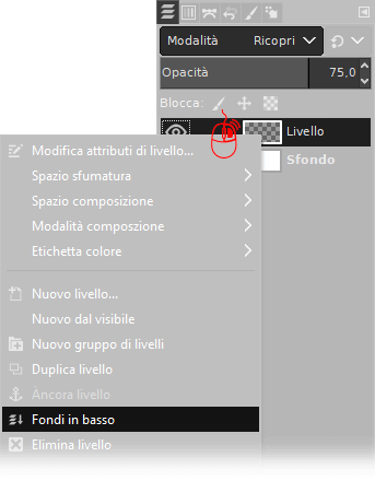 Fondi in basso modalità ricopri 75% con Gimp